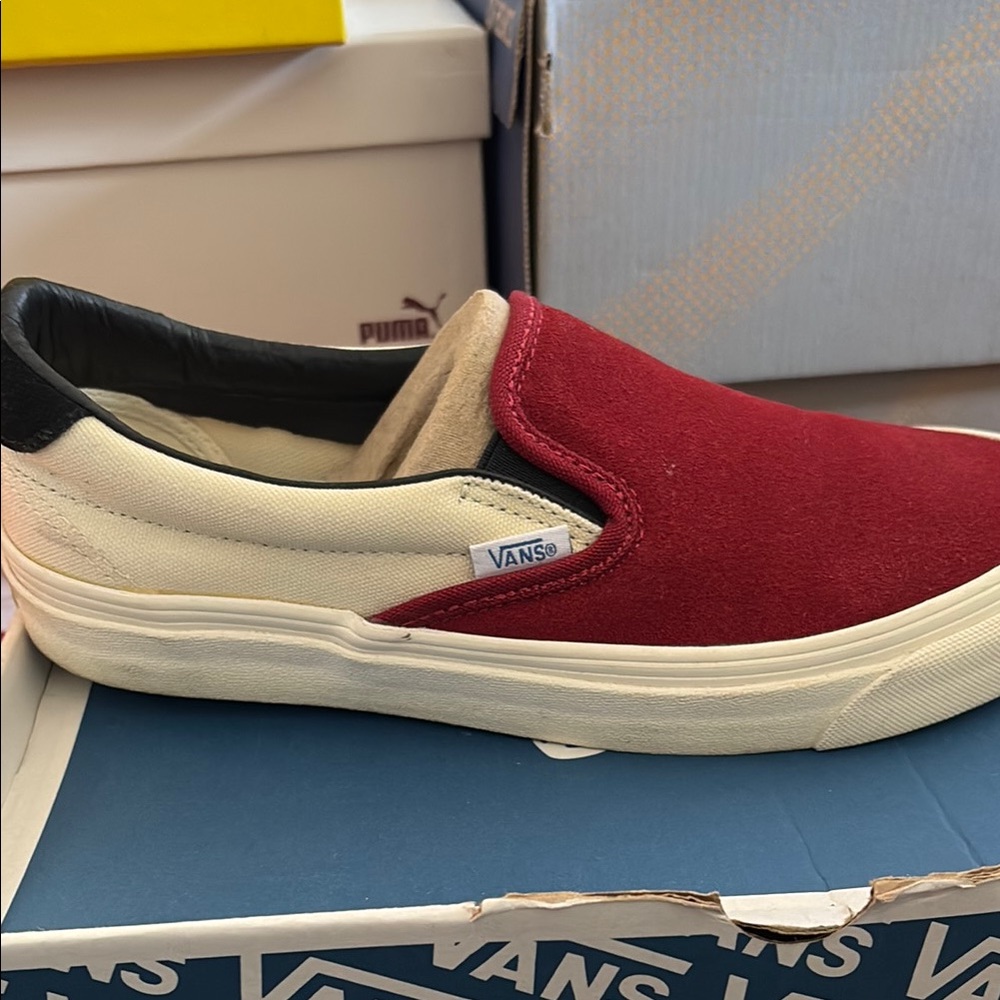 Vans Red and Cream Slip-On Sneakers